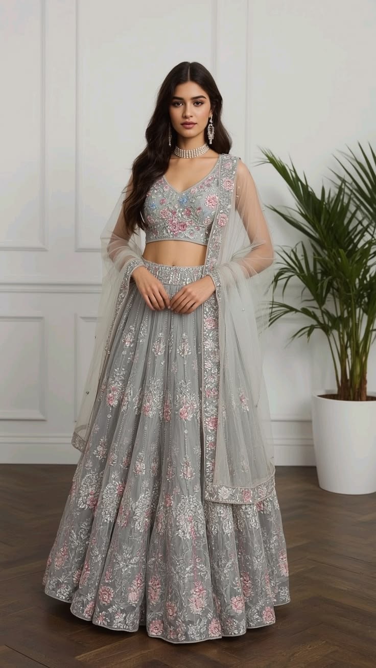 Women’s Grey Floral Embroidered Lehenga Choli with Net Dupatta