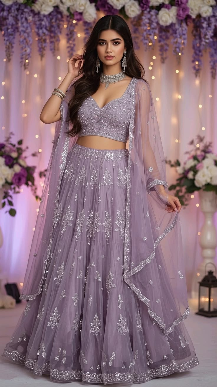 Women’s Lavender Sequin Embroidered Lehenga Choli with Net Dupatta