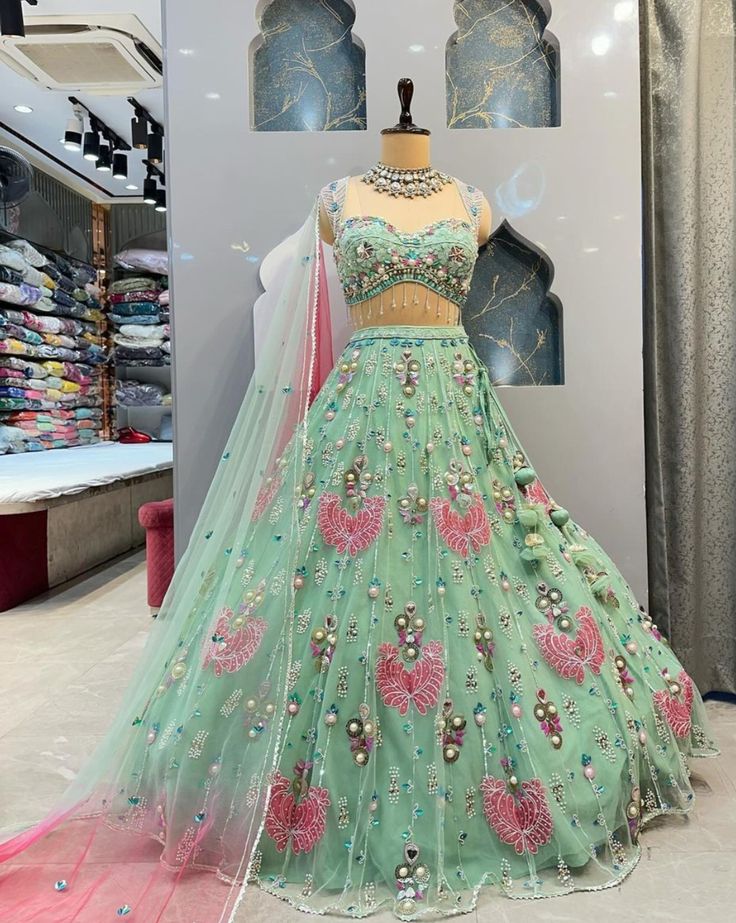 Women’s Mint Green Mirror & Pearl Embroidered Lehenga Choli with Net Dupatta