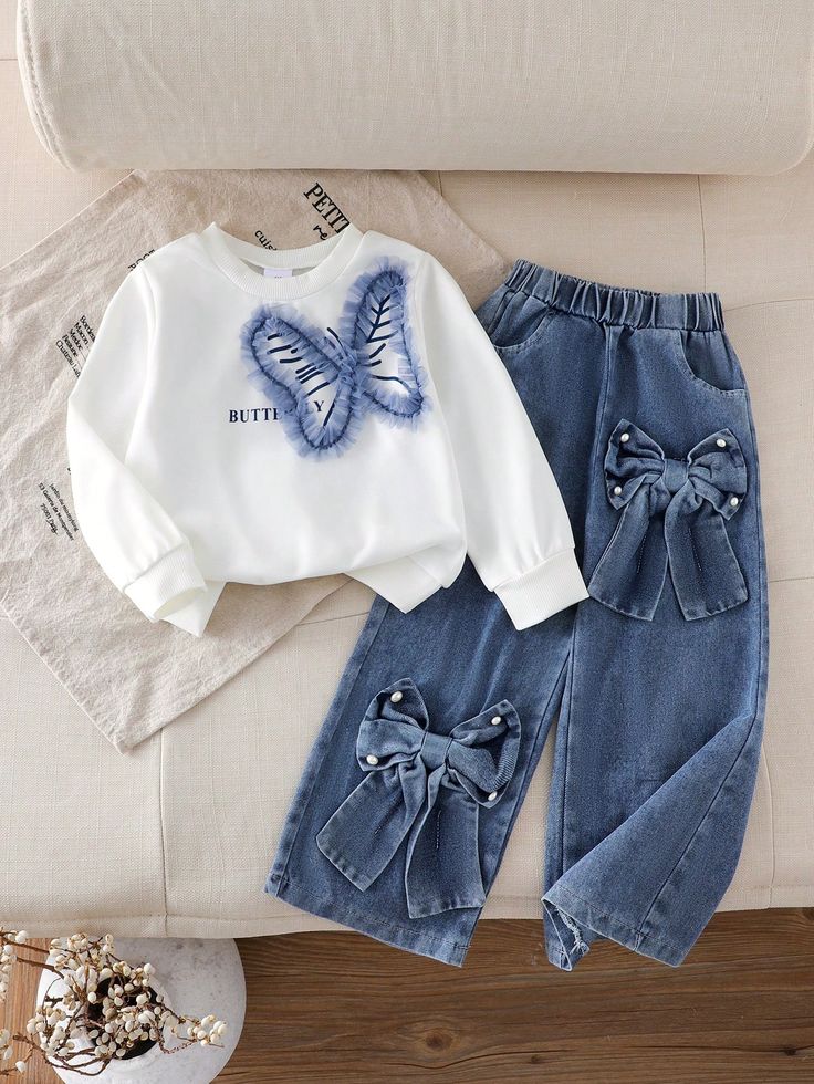 Girls Butterfly Print Top & Denim Bow Pants Co-Ord Set