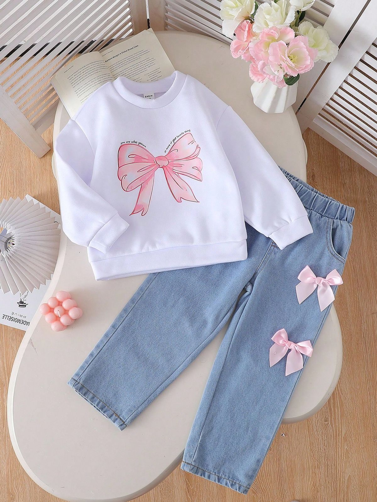 Girls Bow Print Sweatshirt & Denim Pants Co-Ord Set