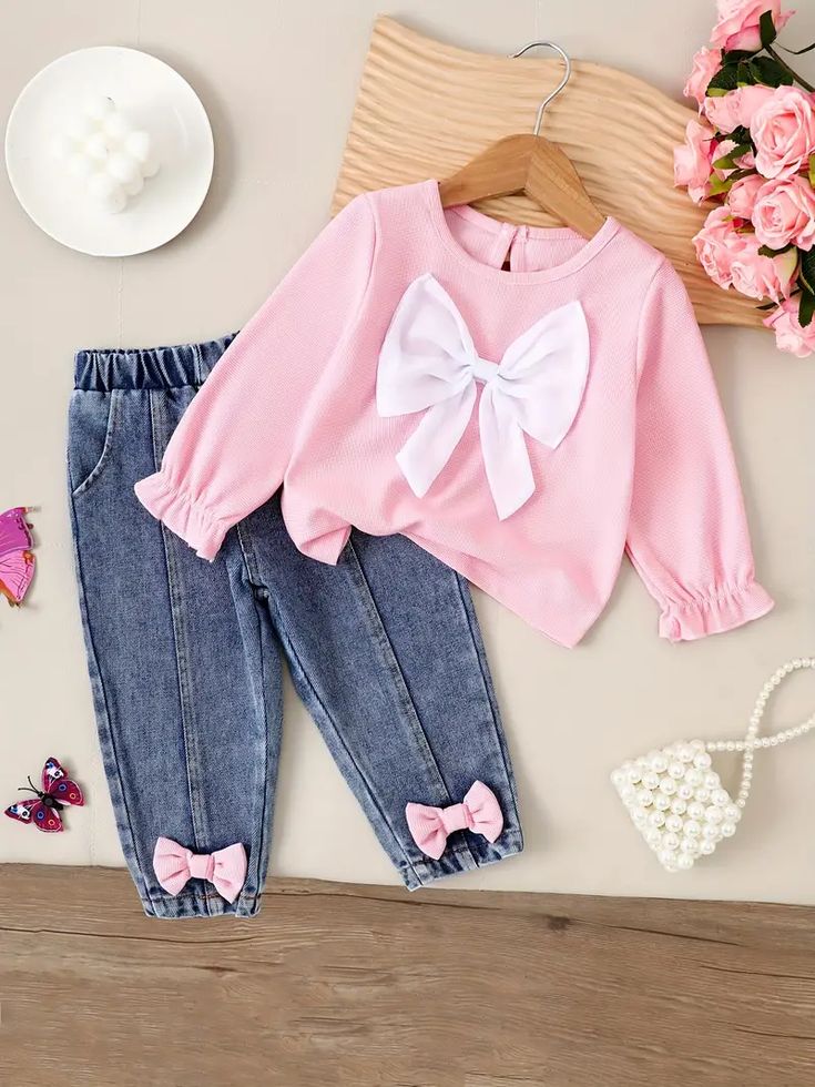 Girls Pink Bow Top & Denim Pants Co-Ord Set