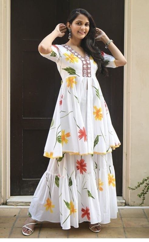 Women’s White Floral Printed Salwar Suit with Sharara