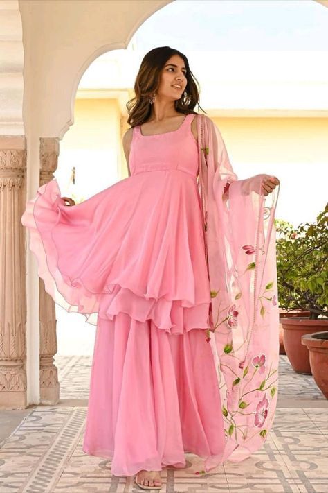 Women’s Pink Layered Sharara Salwar Suit with Dupatta