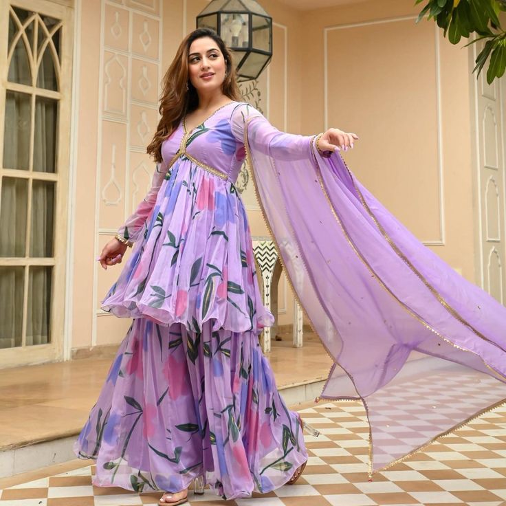 Women’s Lavender Floral Printed Sharara Salwar Suit with Dupatta