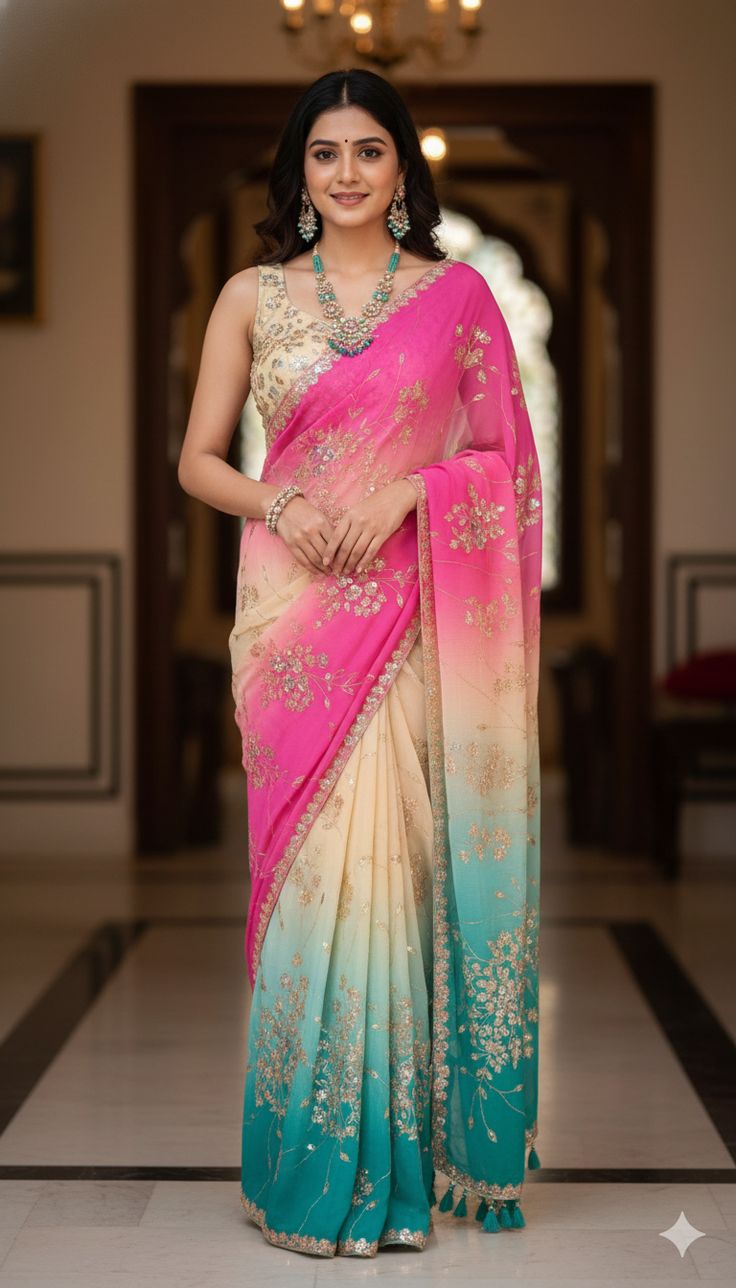 Women’s Pink & Teal Ombre Embroidered Designer Saree with Blouse