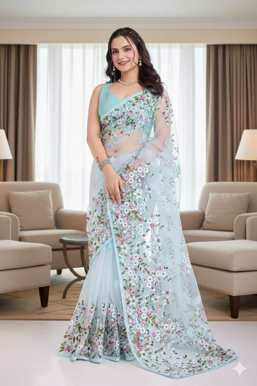 Women’s Sky Blue Floral Embroidered Net Saree
