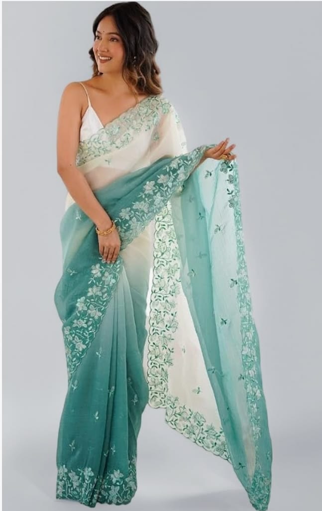 Women’s Teal Green & White Ombre Floral Embroidered Saree