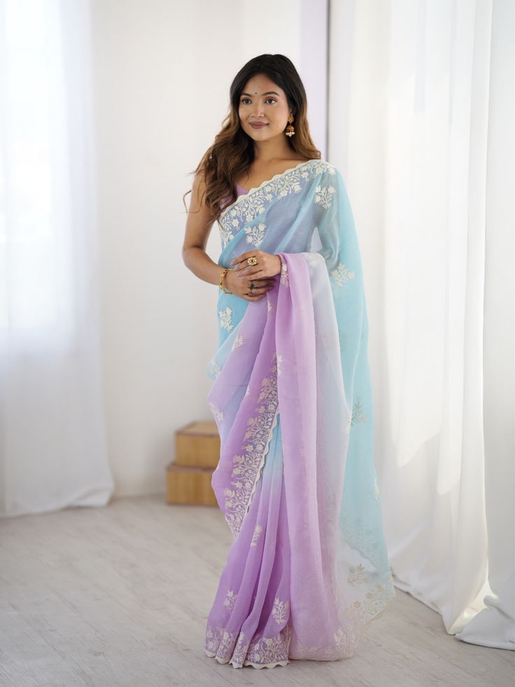 Women’s Pastel Ombre Blue & Lavender Embroidered Saree with Blouse