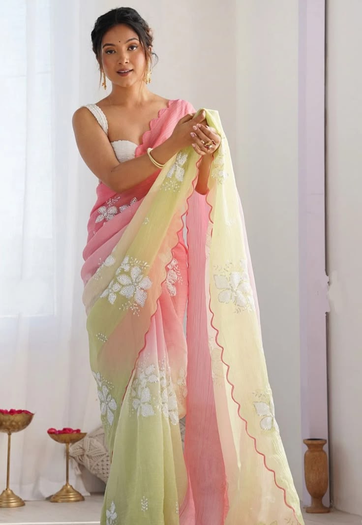 Women’s Pastel Pink & Lemon Organza Saree with Floral Embroidery
