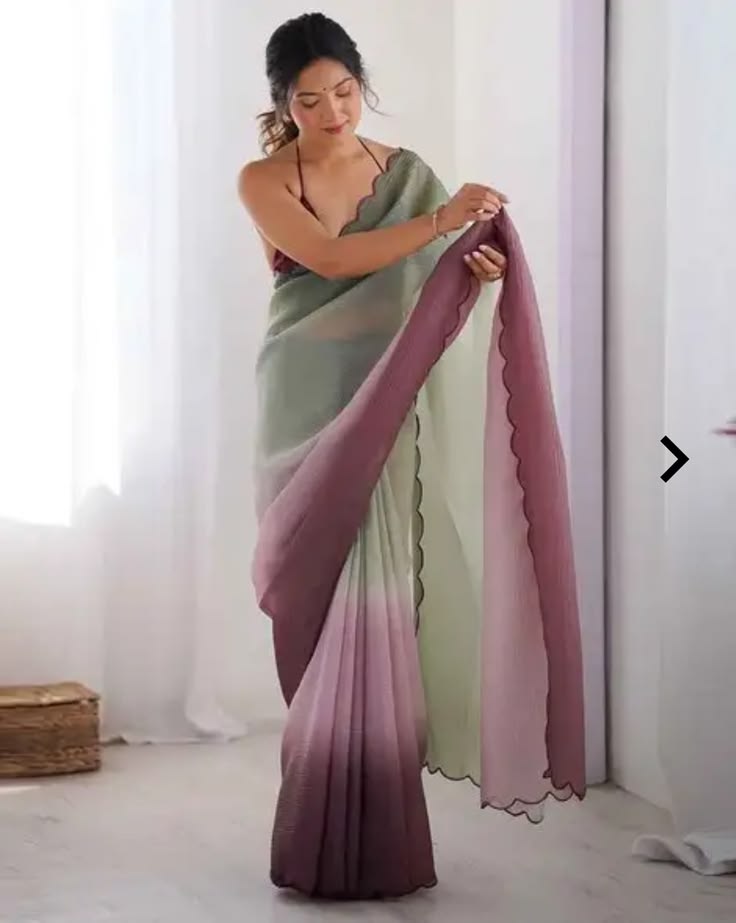 Women’s Pastel Olive & Mauve Ombre Organza Saree with Scalloped Border