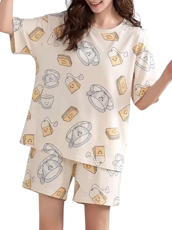 Women’s Cute Printed Korean Night Suit Set (T-Shirt & Shorts)