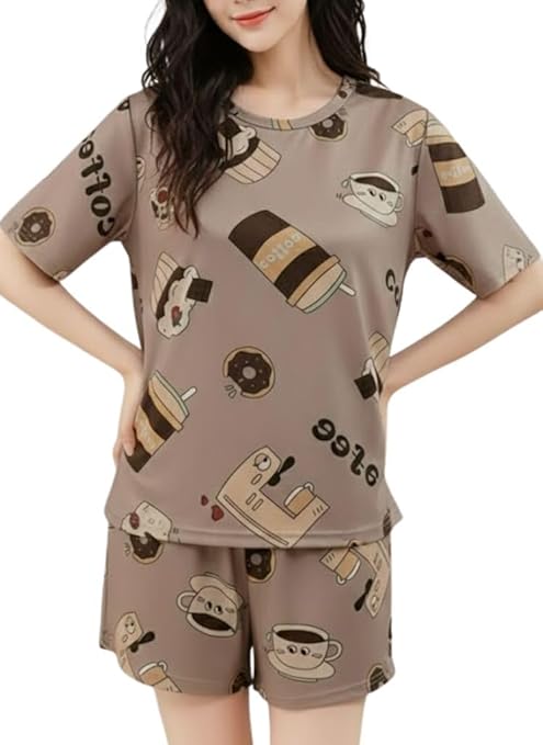 Women’s Coffee Print Korean Night Suit Set (Top & Shorts)