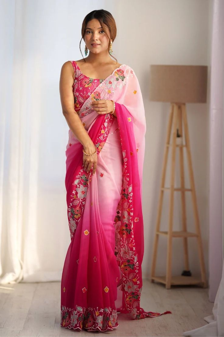 Women’s Pink Ombre Floral Embroidered Organza Saree